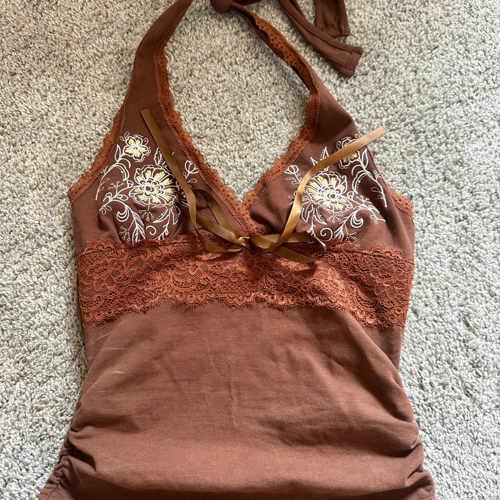 Brown Halter Top with Lace Detail